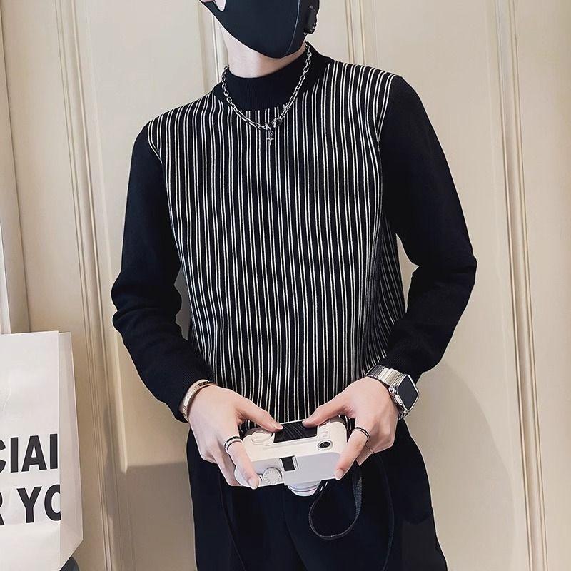 Свитер с полувысоким воротником Мужской Осенне-зимний Полосатый Базовый Вязаный Топ Новинка Мужская Куртка-топ