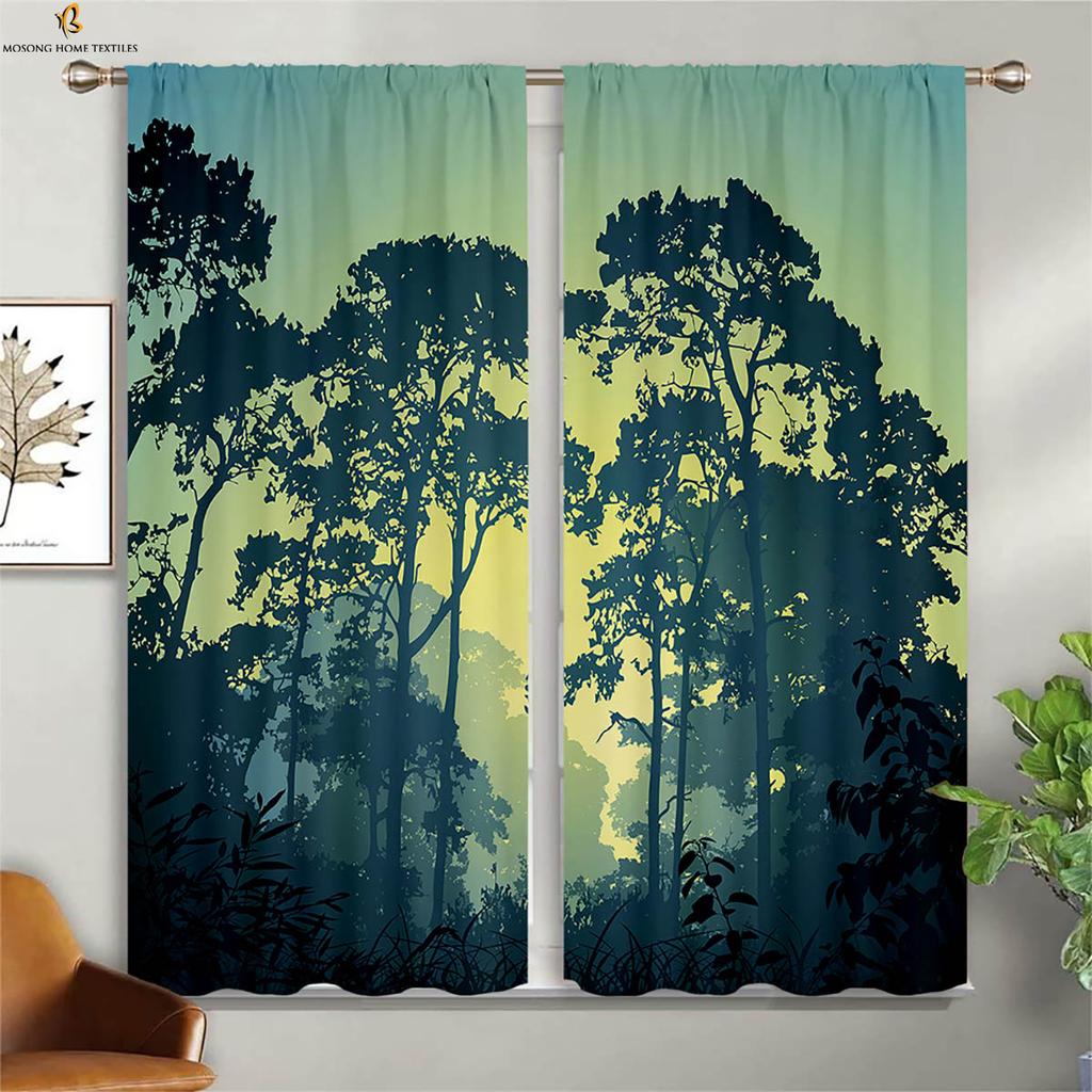 Шторы Misty Deep Forest Green Woods с 3D-печатью, подходящие для спальни, гостиной, кухни, декоративные шторы, 2 шт.