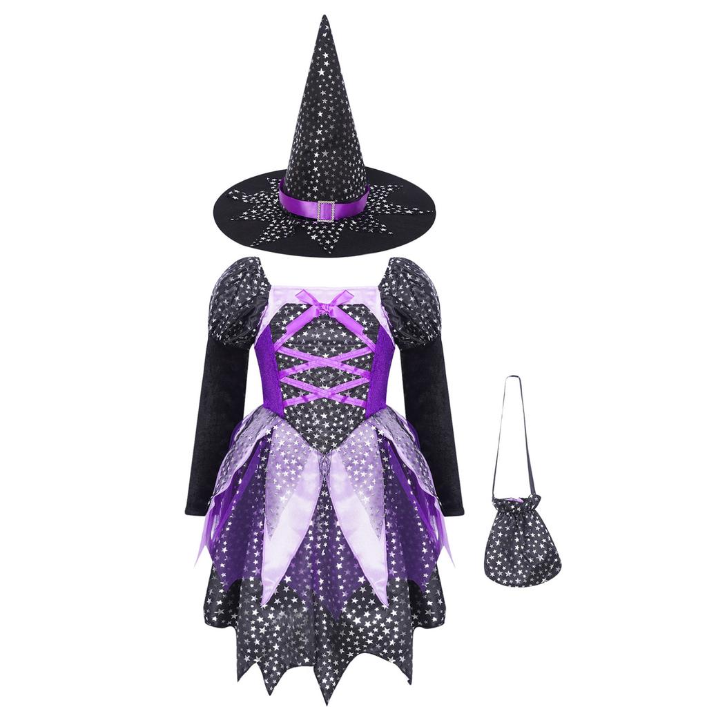 Детское платье для косплея ведьмы на Хэллоуин с длинными рукавами и принтом звезд для девочек, комплекты с остроконечной шляпой и сумкой