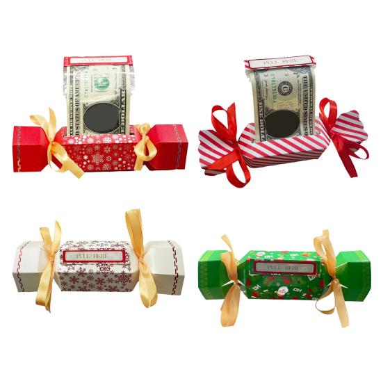 4Pcs Christmas Surprise Money Pull Pouch DIY Cash Pull Out Box with Ribbons Holiday Money Holder for Cash Gift Pull
