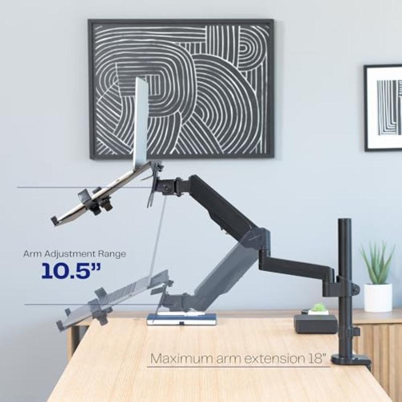 Desk-mounted universal laptop mount for 1015.6 inch devices, black steel tension arm with C-clamp and grommet mounting options,