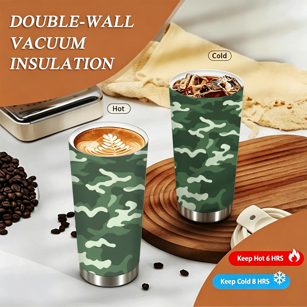 Green Camo Pattern Travel Stainless Steel Insulated Coffee Tumbler Walled Vacuum Thermal Cup for Outdoor Camping Hiking Commute