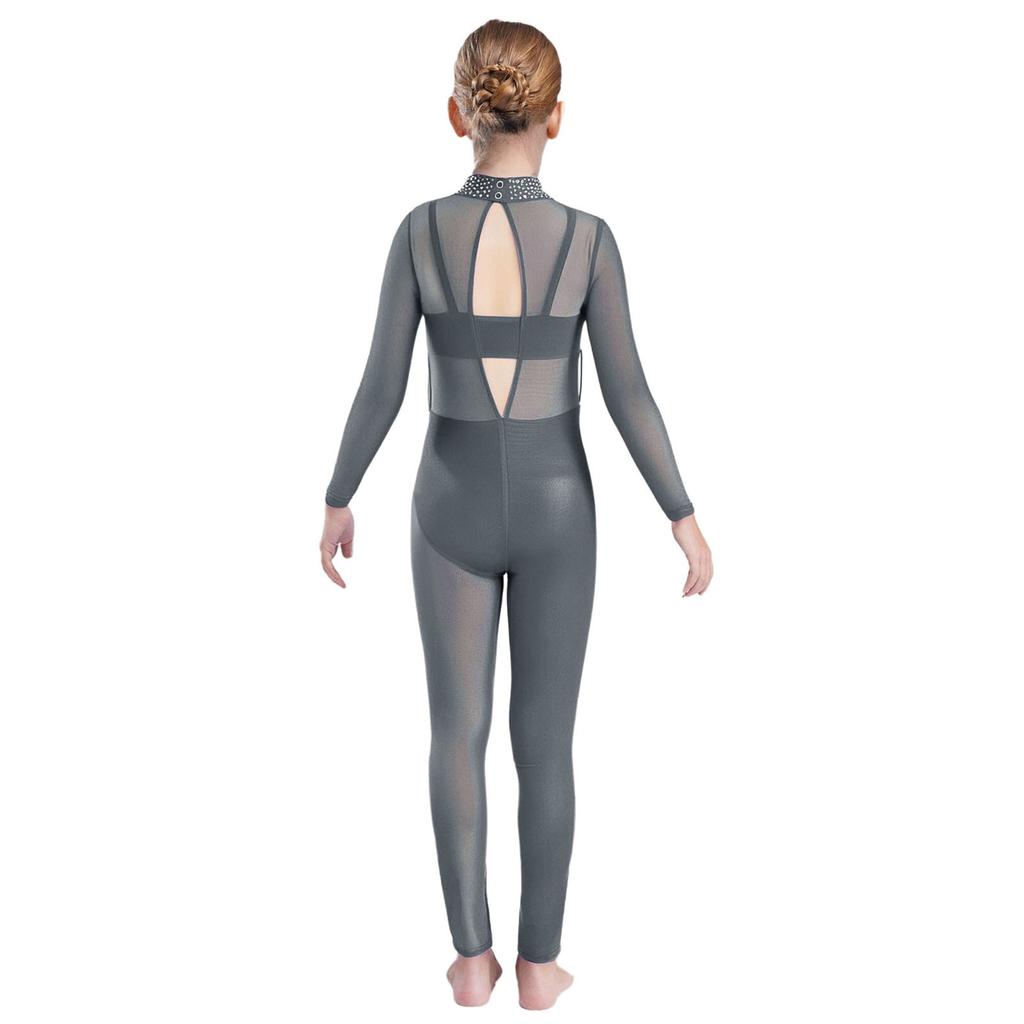 Girls Dance Performance Jumpsuit Full Body Leotard Long Sleeve Mock Neck Mesh Patchwork Keyhole Back Bodysuit