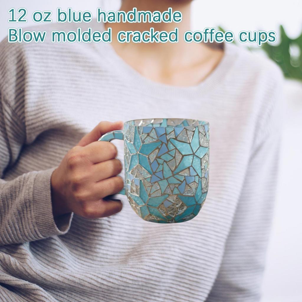 Mug Series, 12 Oz Blue Hand-blown Cracked Coffee Mug With Bubble Texture.