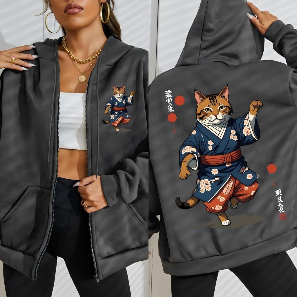 Japanese Cartoon Standing Cat Prints Zipper Hoodie Woman Fashion Fleece Hoody Autumn Soft Sportswear Street Casual Streetwear