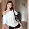 Diagonal Off-the-shoulder T-shirt Solid Color Short-sleeved Top