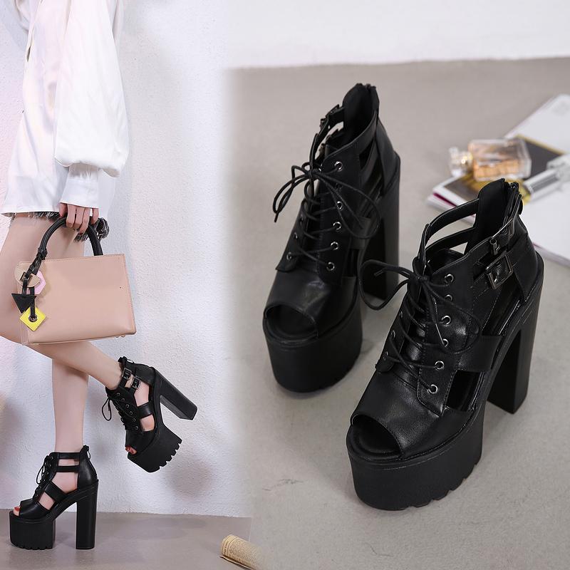 Fashion Fashion Platform Sandals Women Chunky Heel Open Toe Cross-tied Shoes 14cm Super High Heels Sexy Nightclub Party Shoes