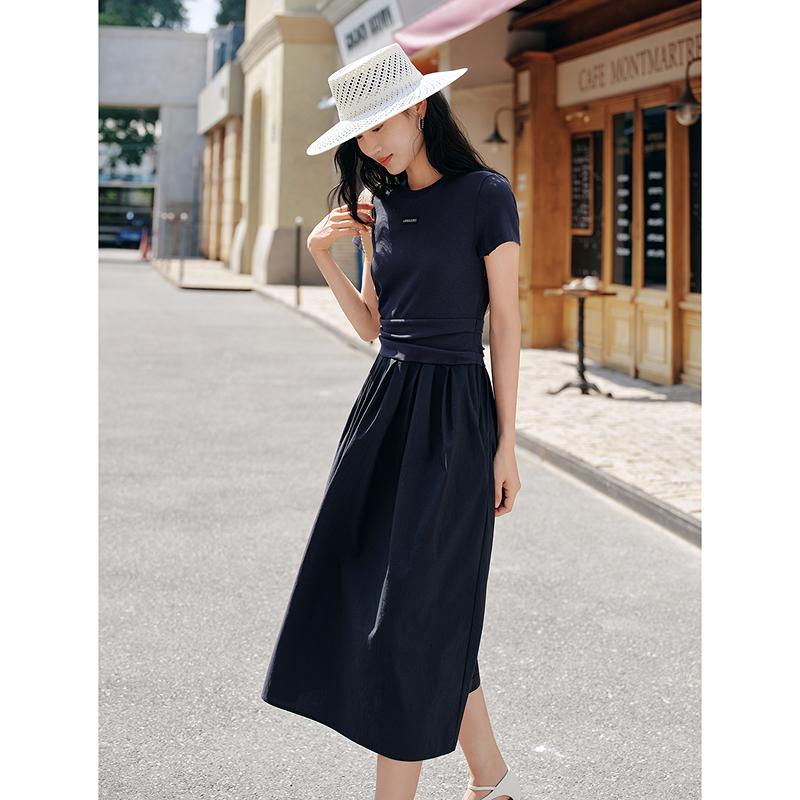 Leisure Summer Jiuzi Anna Kou Fake Two-Piece Pleated Waist Cinching Big Swing Dress