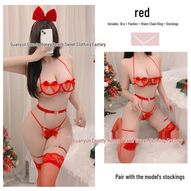 Christmas Holiday Lingerie Set: Underwire Bow Bikini & Garter