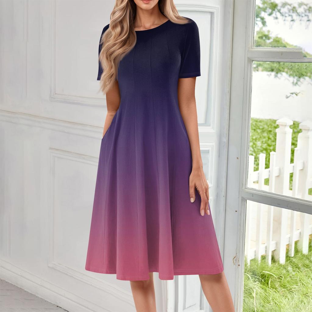 Женское повседневное модное платье с круглым вырезом и коротким рукавом средней длины с градиентом