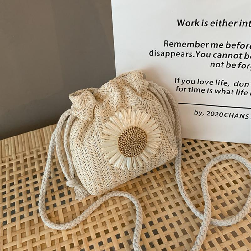 Casual Straw Crossbody Shoulder Bag Women Woven Beach Bag for Ladies Rattan Handmade Knitted Small Bucket Handbag Purse