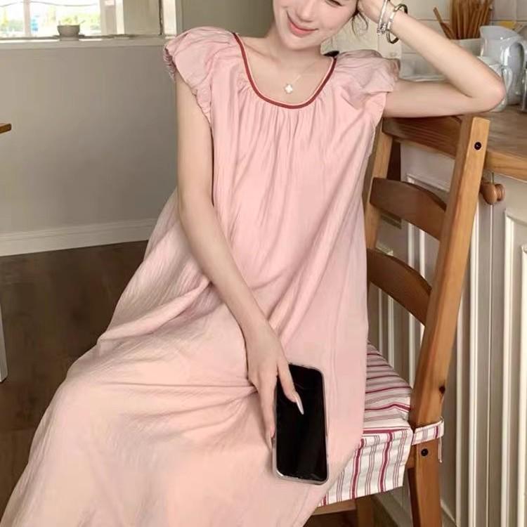 Lace-up back pajamas women's summer Korean version of the new loose contrasting color sexy small flying sleeves outside pajamas dress