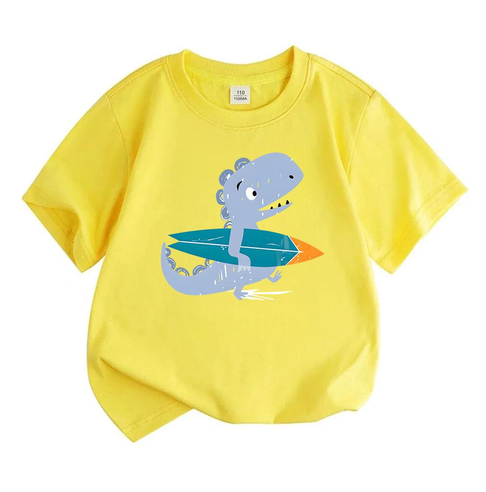 Toddler Kids Boys Girls 100% Cotton Crew Neck Short Sleeve T-Shirt, Cute Surfing Dinosaur Graphic Casual Lightweight Tees for Summer Daily Holiday Bea