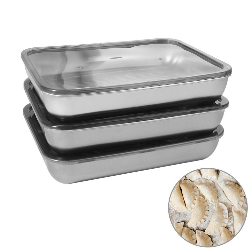 3Pcs Stainless Steel Dumpling Storage Box Food-Grade with Lid Kitchen Serving Plate Rectangular Fresh-Keeping Barbecue Pan
