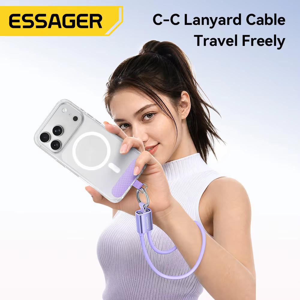 Essager 60 Вт USB Type-C Кабель для зарядки на шнурке Короткий кабель для Samsung S25 S24 Xiaomi iPhone 17 16 15 Pro Кабель Type-C на Type-C