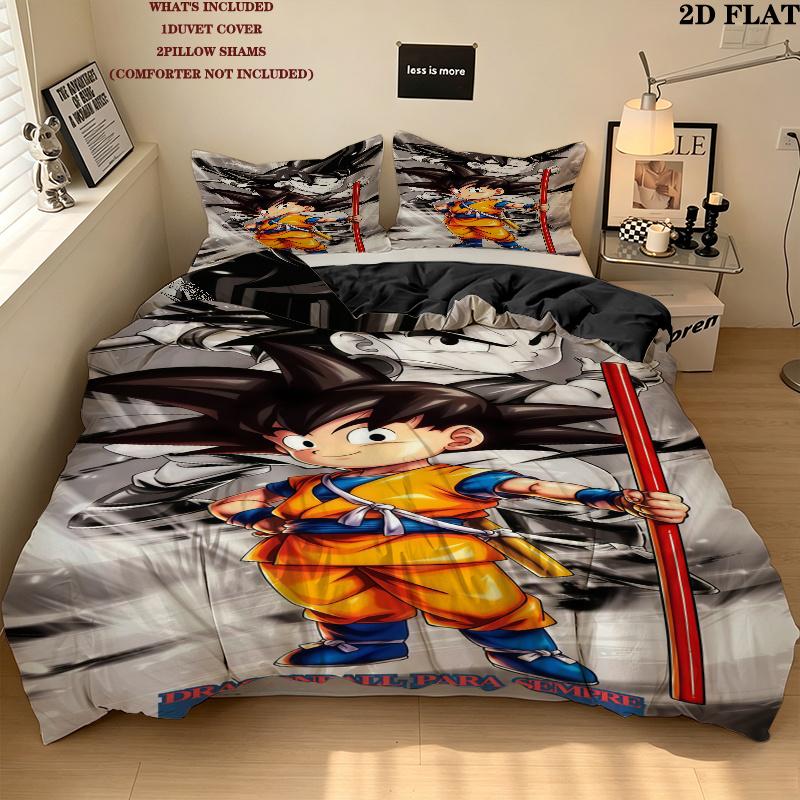 Cartoon Son Goku Pattern Bedding Quilt Set Quilt Cover Pillowcase Home Birthday Gift(1 * duvet cover + 2 * pillowcase, without core)