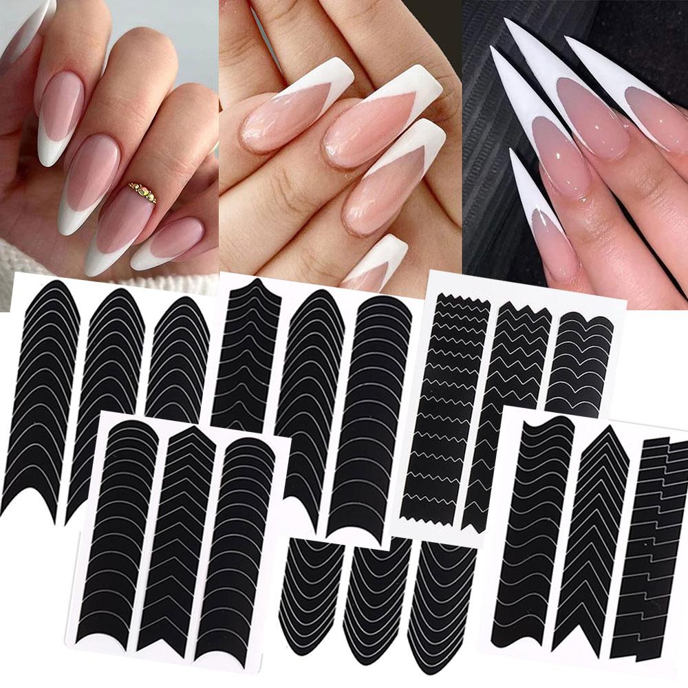 4pcs French Tip Nail Guides & Airbrush Stencils Nail Stickers Self-adhesive Wavy Lines Nail Decals French Tips Printing Template