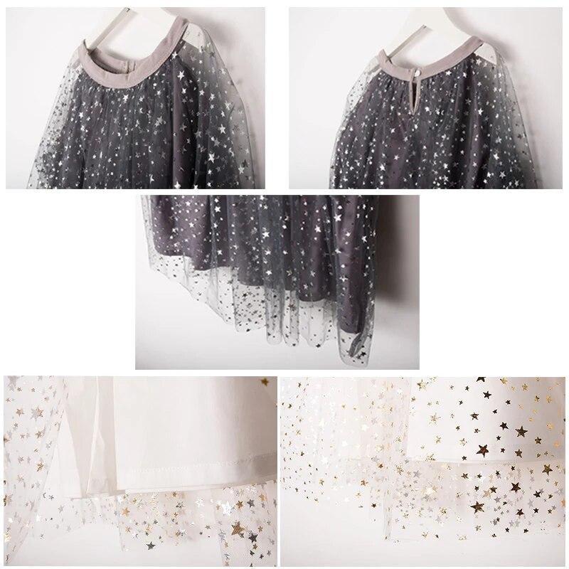 Summer Dress 2023 Shiny Star Pattern Girls Yarn Cotton Lined Princess Dress Christmas O-Neck Kids Long Sleeve Dresses