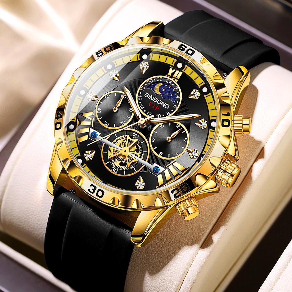BINBOND Trend Fashion Men Watches Fine Steel Original Brand Quartz Wristwatch for Man Flywheel Chronograph Moon Phase Waterproof