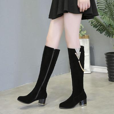 Модные туфли с острым носком для женщин, зимние, до колена, с длинным голенищем, с кисточками, черные женские сапоги со стразами, тренд 2024 года по акции Pu