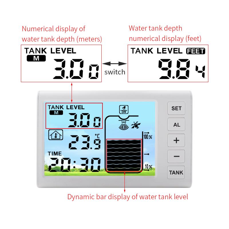 Wireless Digital Ultrasonic Level Gauge Water Liquid Tank Depth Temperature Monitor Solar Powered Container Control Alarm Clock