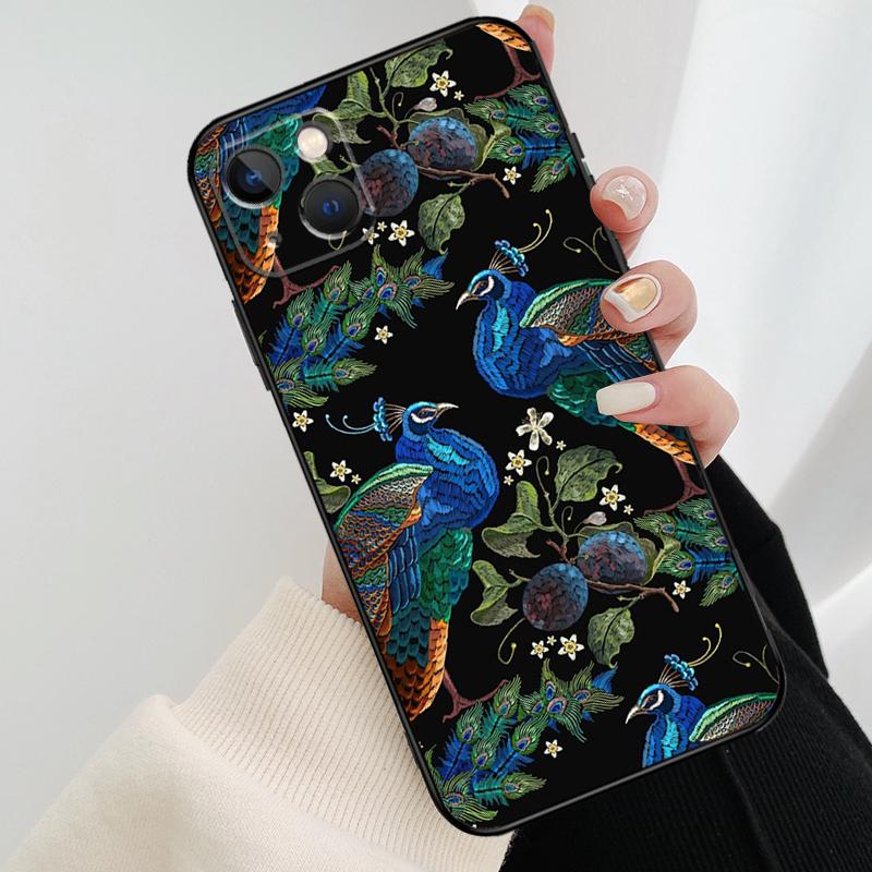Bird Peacock Feather Phone Case For iPhone 13 14 15 16 Pro Max 11 12 XS XR X Plus Shockproof Bumper Soft Cover
