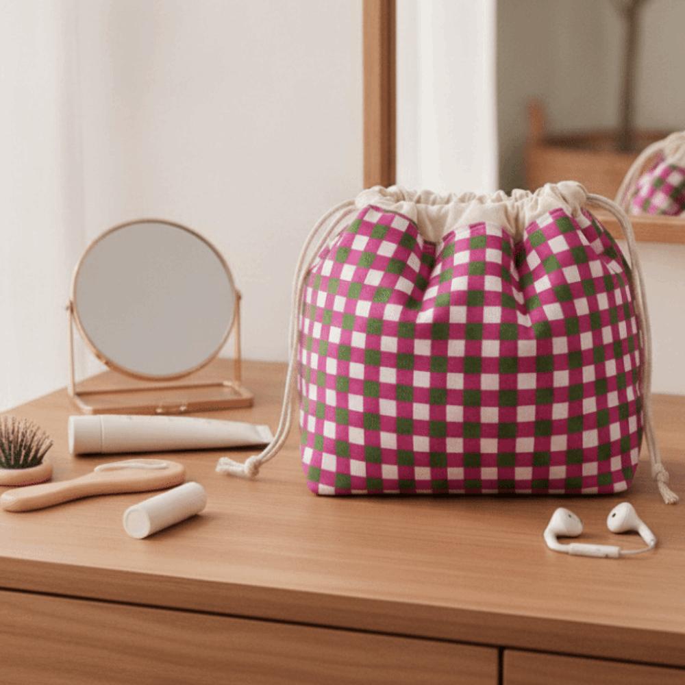 Plaid Pattern Drawstring Cosmetic Organizer Large Capacity Drawstring Storage Pouch Travel Storage