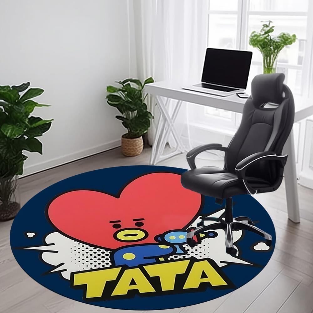 1 шт. Коврик для офиса BT21 с персонажем Tata, круглый - Идеально подходит для декора офиса или кабинета, можно стирать в машине, нескользящая основа, декоративный коврик для пола