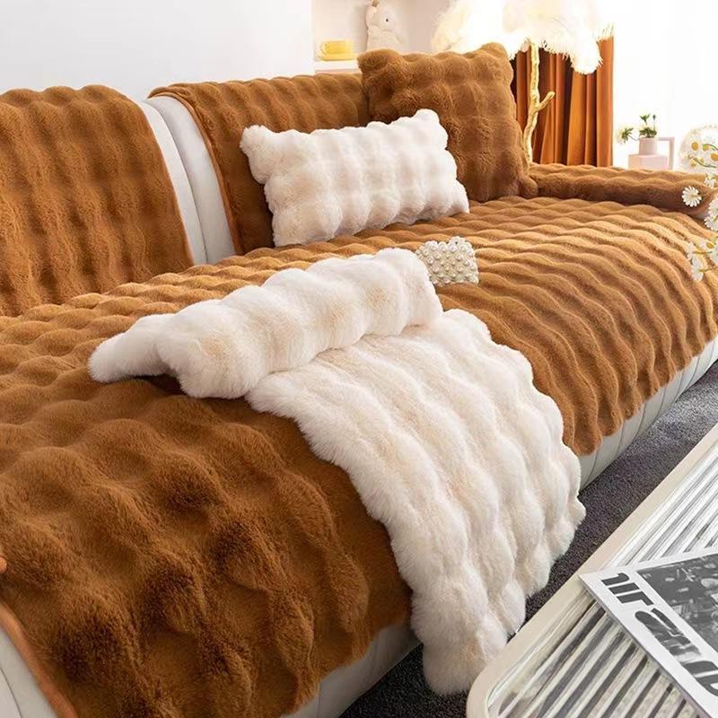 Теплый розовый плюшевый диван-полотенце, мягкий зимний утолщенный чехол для дивана с кроликом, нескользящая универсальная наволочка, домашний защитный коврик