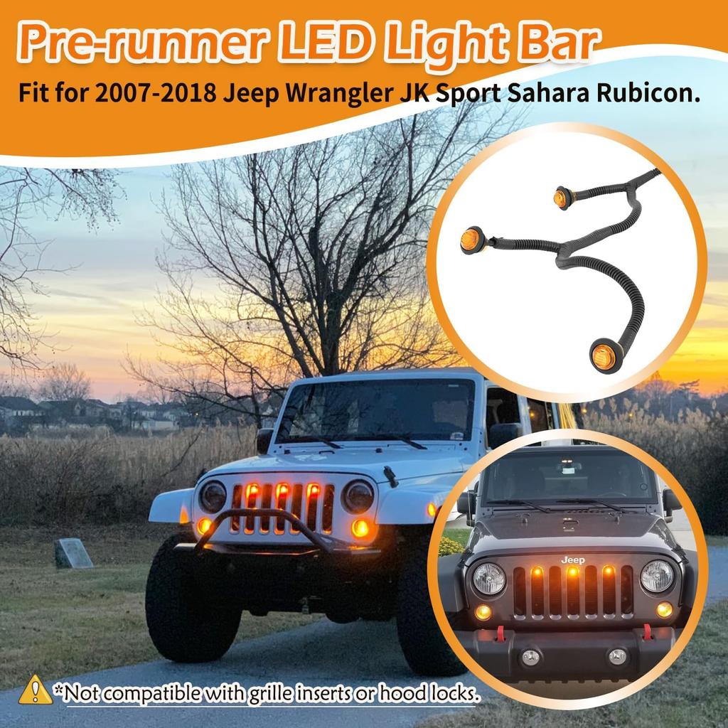 YMT Pre-Runner LED Grille Light Bar Kit for 2007-2018 Jeep Wrangler JK 2-Door/Unlimited 4-Door (JK), Plug & Play Waterproof