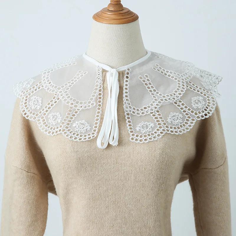 Linbaiway Double Layers Fake Collars Shawl Girls Hollow Out Removable Shirt Detachable Collar Women Lapel Blouse Lace-Up Scarf