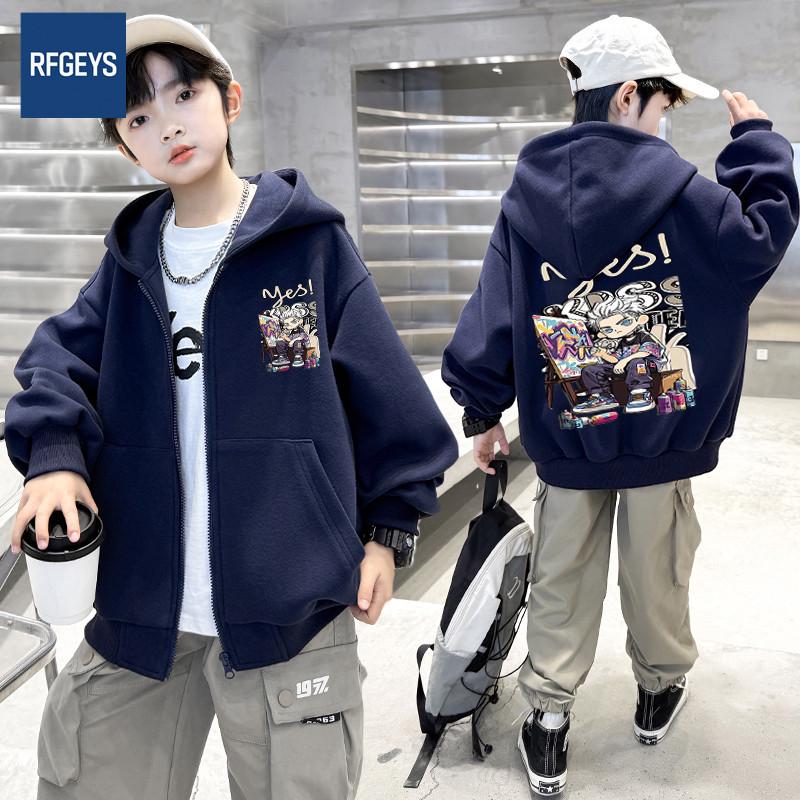 Повседневная толстовка с капюшоном на флисовой подкладке для мальчиков - осенне-зимняя куртка-кардиган свободного кроя для детей