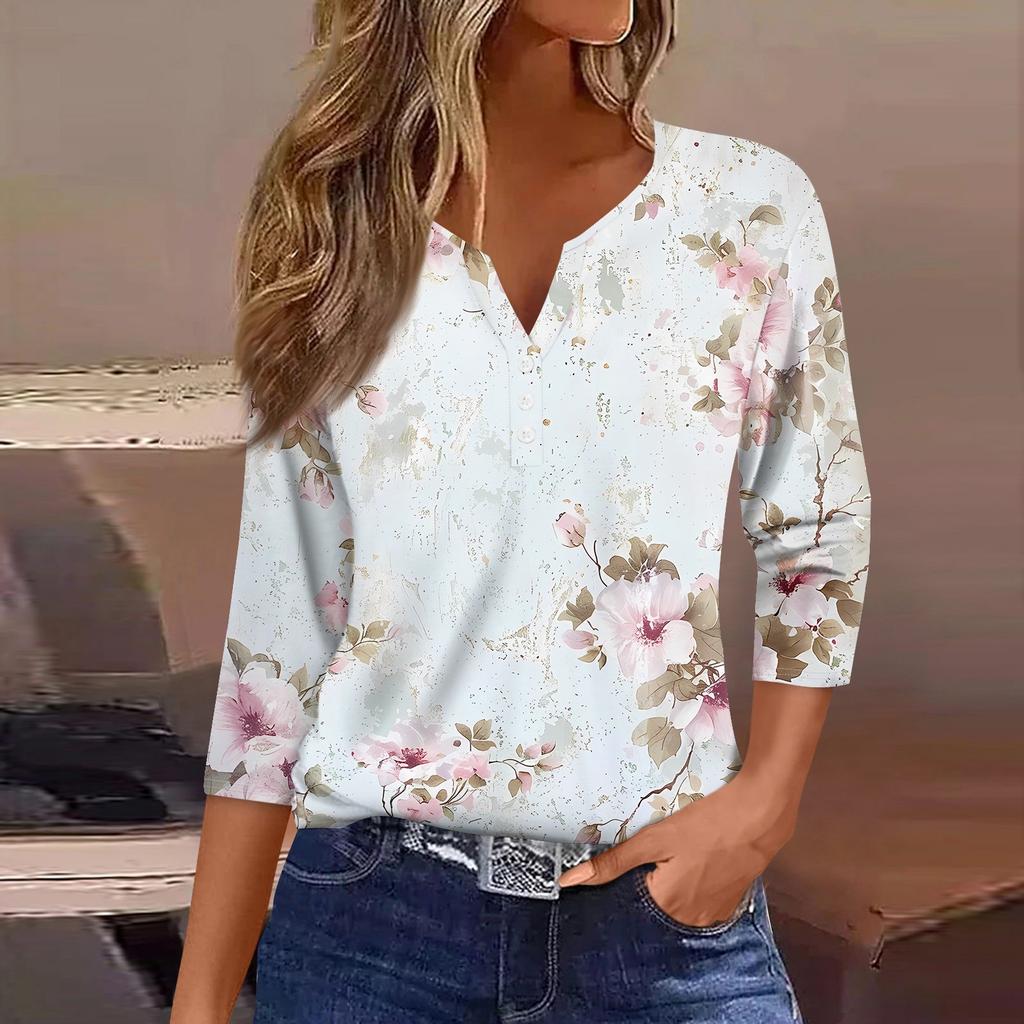 Жен. Футболка С принтом Пуговицы Рукав 3/4 Повседневные Выходные Мода Классический Классический V-образный вырез Обычный Верх