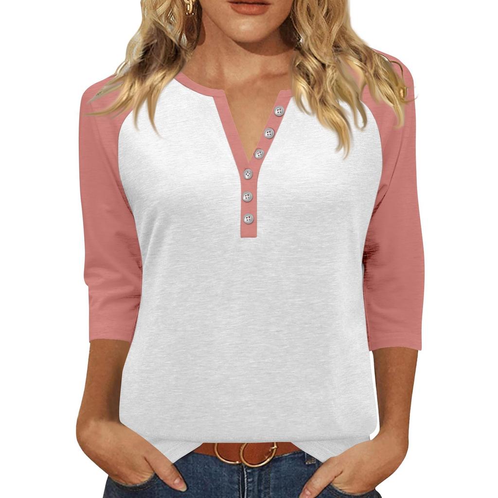 Жен. Футболка С принтом Пуговицы Рукав 3/4 Повседневные Выходные Мода Классический Классический V-образный вырез Обычный Верх