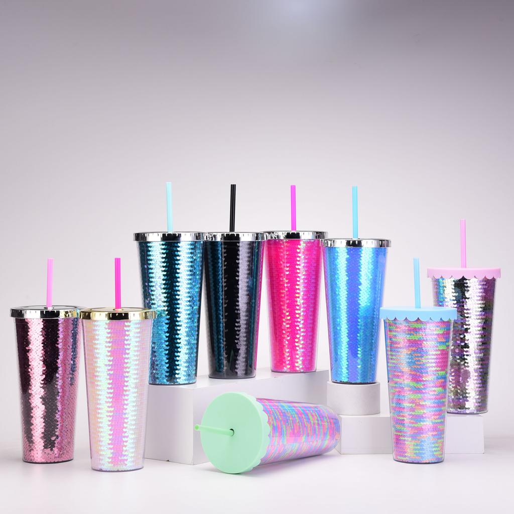 Double-Layer Plastic Cup, Sequined Straw Cup, Straight Cup, Summer Cold Drink Water Cup Can Be Determined