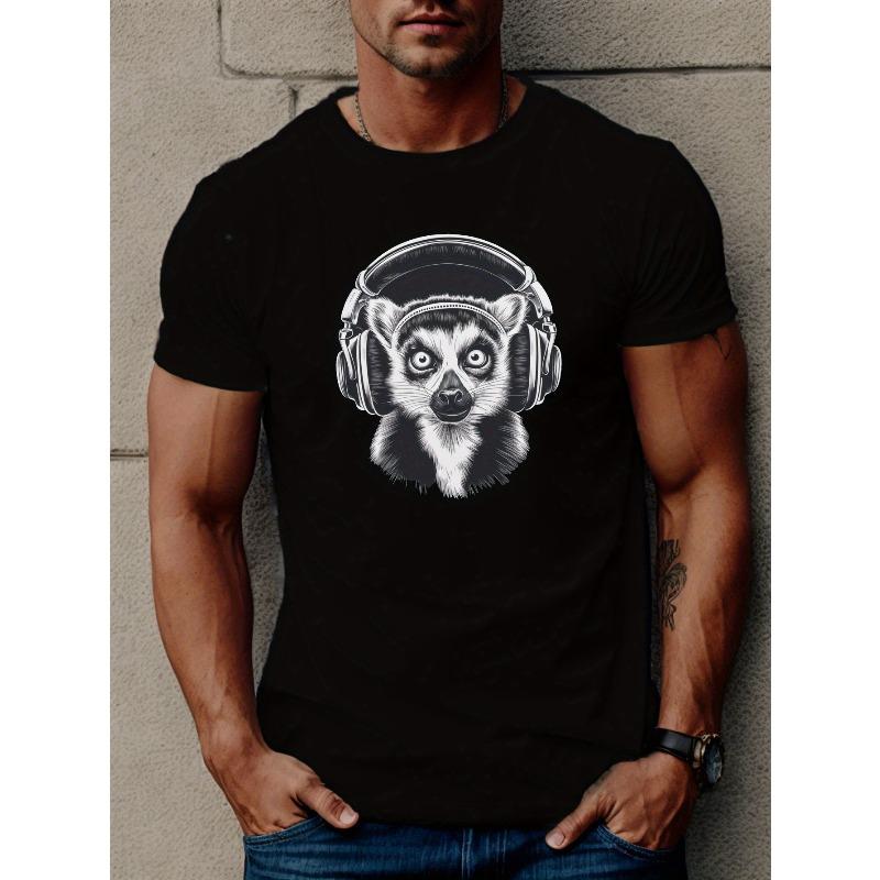 Европейские размеры Мужская повседневная футболка с коротким рукавом с уникальным дизайном лемура и наушниками - Дышащий полиэстер, Круглый вырез,