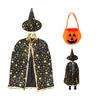Child Witch Costume Unique Anime Cosplay Cape Hat Set Sparkling Pentagram Design with Pumpkin Bag Halloween Party Supplies