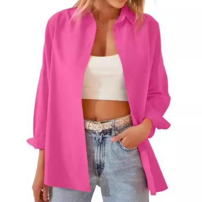 Autumn Fashion Loose Candy Colored Long Sleeved Cardigan Button Up Shirt Top Blouses & Shirts