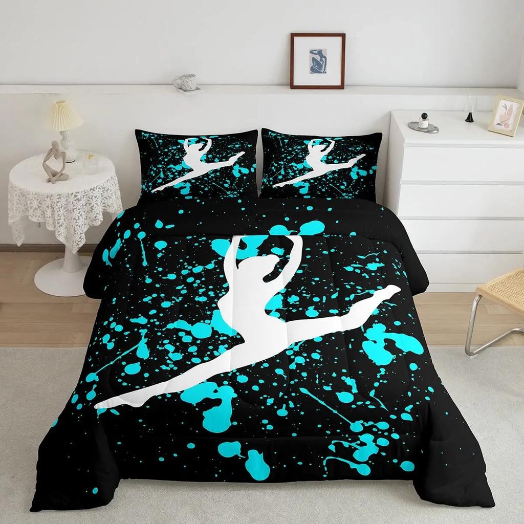 Gymnastics Dance Lovers Duvet Cover King,Watercolor Butterfly Star Sky Bedding Set 3pcs,Silhouette Rainbow Graffiti Quilt Cover