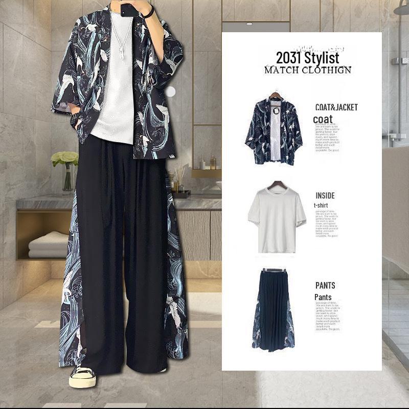 Men's Chinese Style Ice Silk Taoist Robe: Trendy Three-Piece Hanfu Tang Suit for Summer