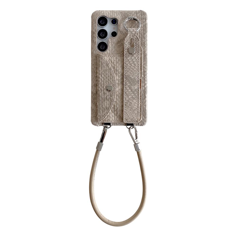For Samsung Galaxy S25 Ultra Case Card Holder Wristband Lacquered Snake Texture PU + PC Back Cover with Lanyard