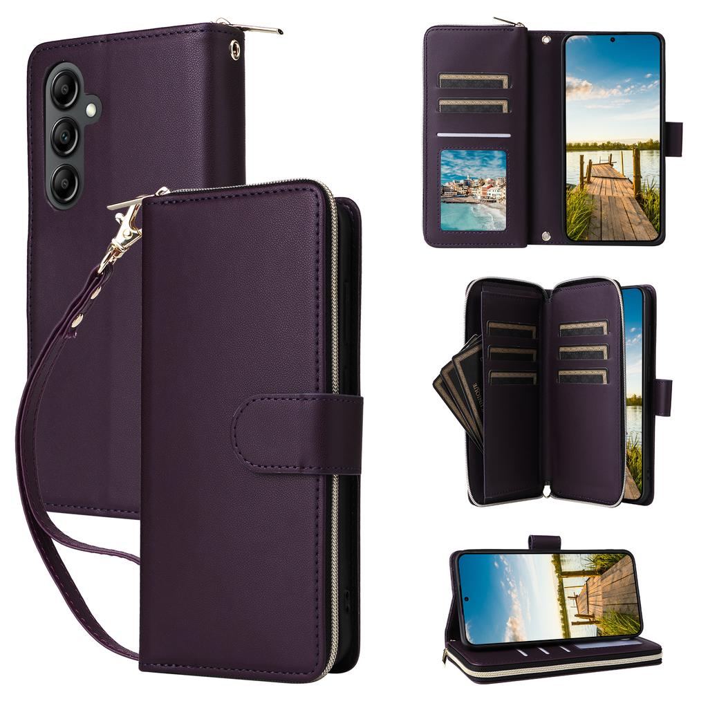For Samsung Galaxy A17 5G Case 9 Card Slots Zipper Pocket PU Leather Phone Cover with Wrist Strap