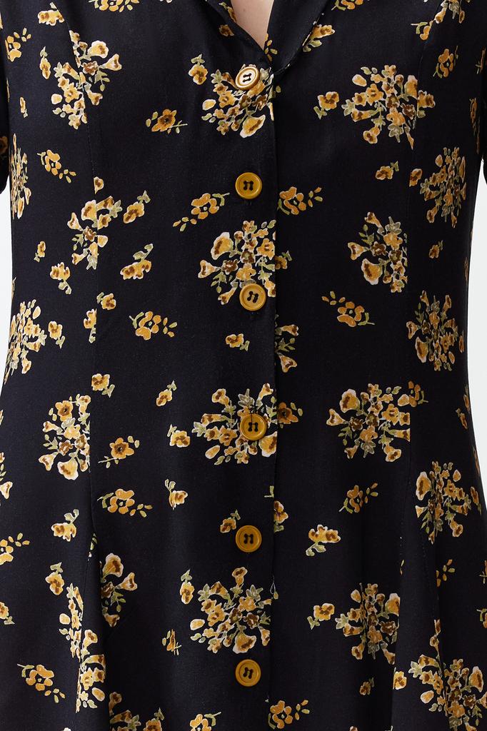 Женское платье, новый сезон, модное черное тканое мини-платье-рубашка с цветочным узором