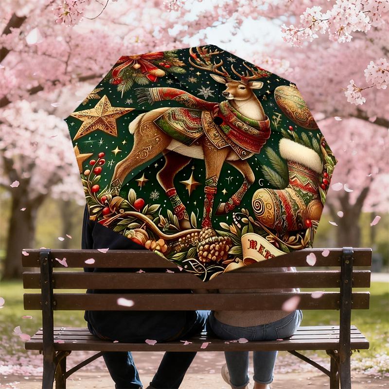 1PC Christmas DeerAutomatic Open/Close Umbrella with Windproof, 8-Rib Sturdy Canopy, Durable Ribs, Fashionable Design, Outdoor Accessory, Fun Prin, Ho