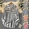 Women Casual Shirt Breasted Loose Pattern Sleeve Vertical Striped Lapel Long Shirt Single Fit Shirt