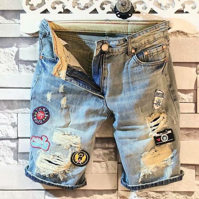 Summer Men's Letter Printing Denim Shorts Casual Holes Embroidery Label Medium 5-point Denim Pants Male Fashion Shorts