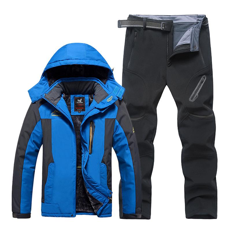 Plus Size 9XL Outdoor Jacket Pants Suit Men's Winter Plus Velvet Thickened Mountaineering Suit Jacket Pants Including Belt Suit