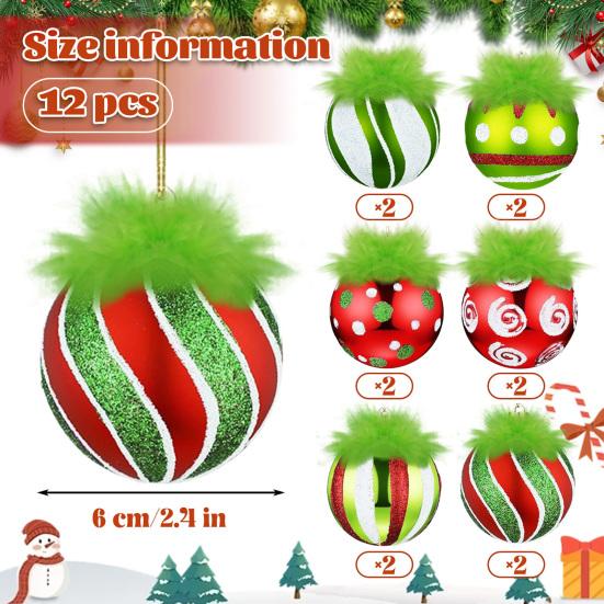2.4 Inch Christmas Ball Ornaments with Fuzzy Green Hair Glittering Hanging Furry Elf Ball Decoration Red Green Plastic Ball Ornament