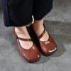 Johnature Square Toe Shallow Mary Jane Shoes Genuine Leather Retro Solid Color Soft Soled Shoes