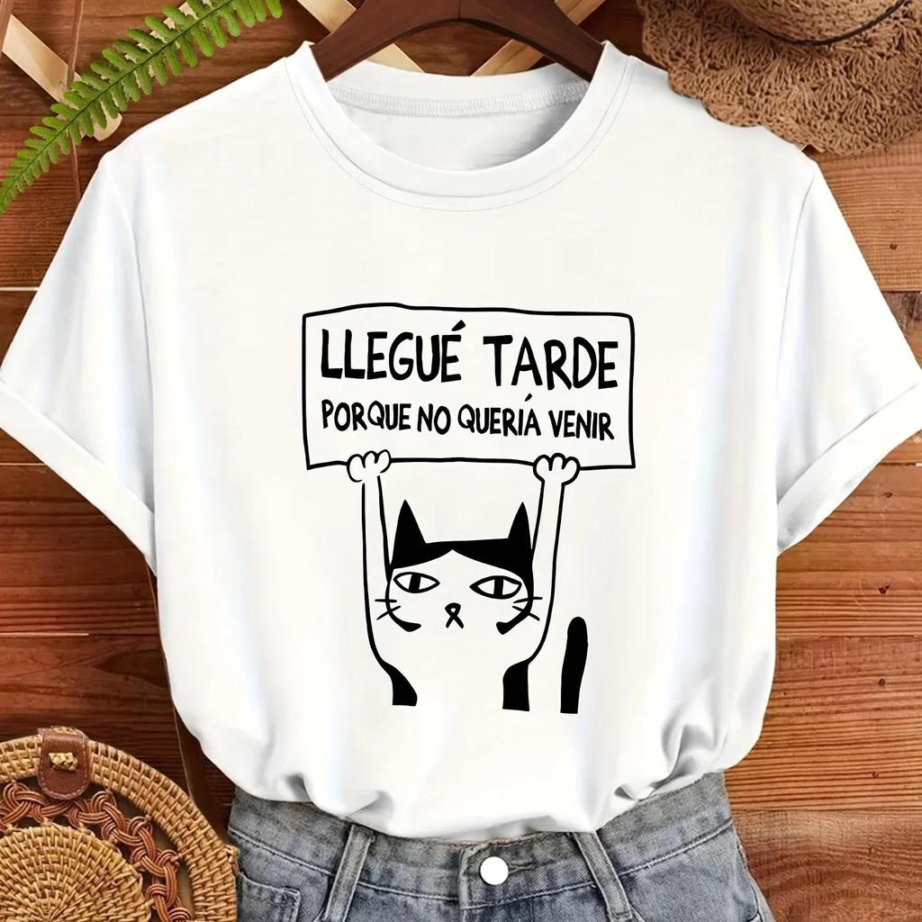 Women's Casual Short Sleeve T-Shirt Cute Minimalist Cat Graphic with Spanish Quote Print Black Stretch Round Neck Spring Summer